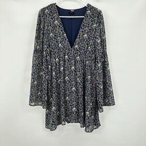 Lucca Mini Dress Boho Peasant Bell Sleeves Women's MEDIUM Navy Floral